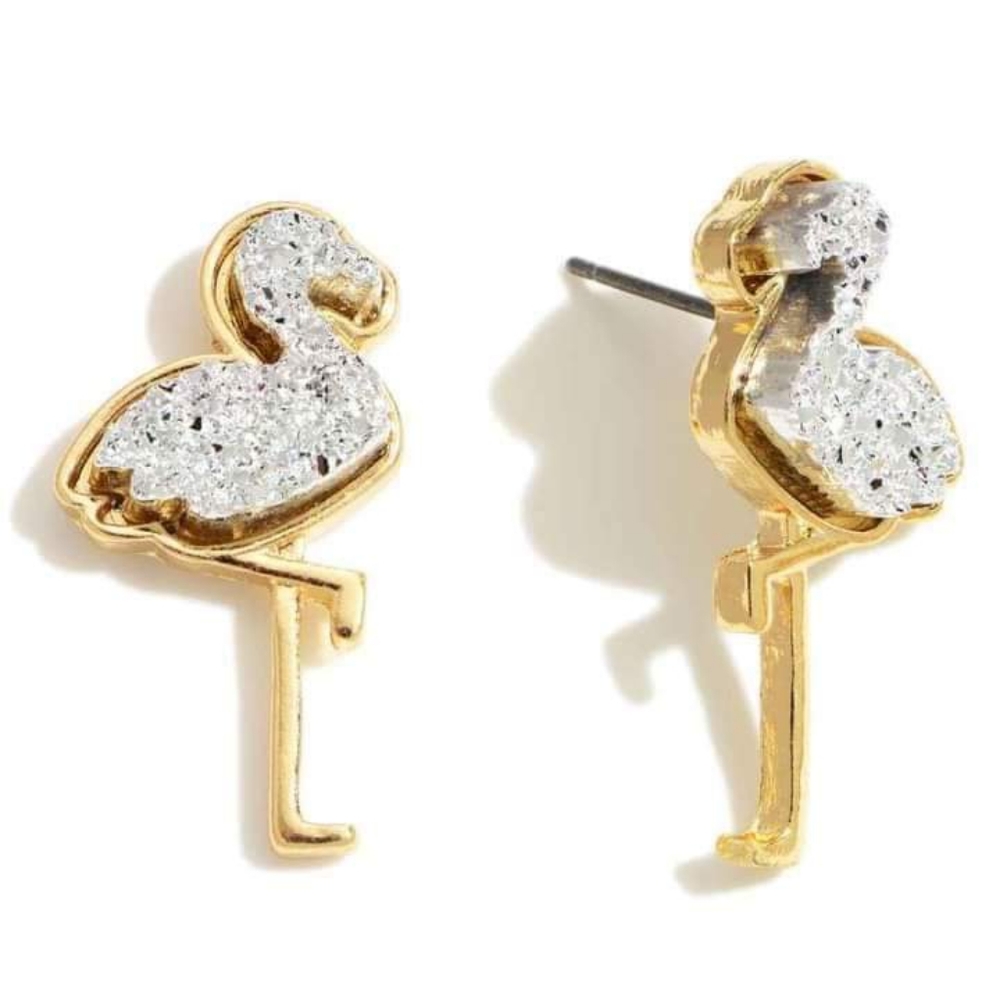 Silver Druzy Flamingo Earrings